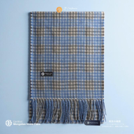 『Noble Fibre』100％カシミヤ・マフラー ブルー＆チェック フリンジ付き【高級 カシミア おしゃれ ファッション 防寒 かしみあ】 G3564