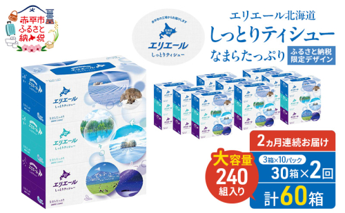 【2ヵ月連続お届け・計60箱】エリエール 北海道 しっとりティシュー なまらたっぷり 240組3箱 10パック ふるさと納税限定デザイン ボックスティシュー 箱ティッシュ ペーパー 備蓄品 花粉 保湿成分 2403205 - 北海道赤平市