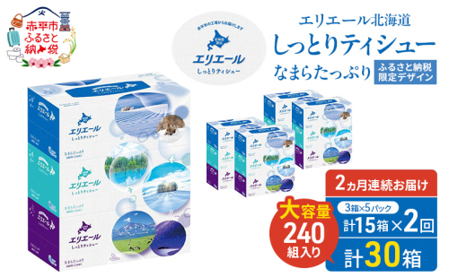 【定期便 2ヵ月連続お届け】 エリエール ハーフサイズ 収納に便利 コンパクト 少量5パック 北海道 しっとりティシュー なまらたっぷり 240組3箱 5パック 計15箱 ボックスティシュー ふるさと納税限定デザイン 2403207 - 北海道赤平市