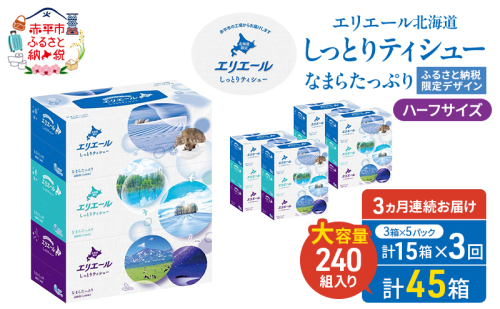 【定期便 3ヵ月連続お届け】 エリエール ハーフサイズ 収納に便利 コンパクト 少量5パック 北海道 しっとりティシュー なまらたっぷり 240組3箱 5パック 計15箱 ボックスティシュー ふるさと納税限定デザイン 2403208 - 北海道赤平市