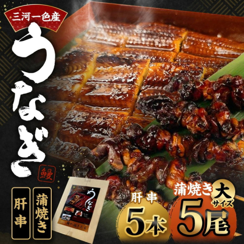 三河一色産 うなぎ蒲焼き 大5尾 ＋ 肝串焼き 5本 蒲焼タレ 肝串焼き 鰻 お魚 湯煎 惣菜 セット 簡単調理 冷凍 幸田町 送料無料 2408775 - 愛知県幸田町