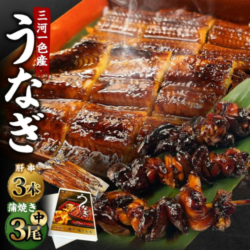 三河一色産 うなぎ蒲焼き 中3尾 ＋ 肝串焼き 3本 蒲焼タレ 肝串焼き 鰻 お魚 湯煎 惣菜 セット 簡単調理 冷凍 幸田町 送料無料 2408782 - 愛知県幸田町