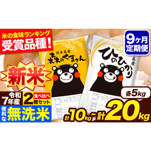 新米 令和7年産 無洗米【9ヶ月定期便】ひのひかり 森のくまさん 2種 食べ比べ 10kg 20kg 無洗米 熊本県産 単一原料米 ひの 森くま 熊本県 長洲町《お申込み翌月から出荷》 2410530 - 熊本県長洲町