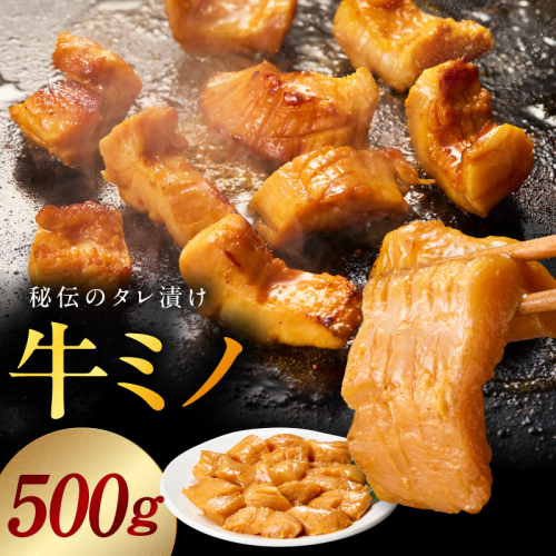 焼肉用 牛ミノ 500g 【味付き 秘伝のタレ漬け 250g×2P 小分け 焼くだけ ホルモン コリコリ食感 BBQ おかず おつまみ】 010B1854 2412722 - 大阪府泉佐野市