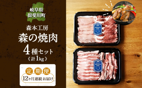 12カ月定期便 森本工房 森の焼肉 飛騨・美濃けんとん 4種 セット計1kg 各250g 焼肉 肉 お肉 豚肉 ブランド豚 ポーク 豚バラ スペアリブ ロース 肩ロース 食べ比べ 詰め合わせ BBQ 冷蔵 送料無料 岐阜県 揖斐川町 2427756 - 岐阜県揖斐川町