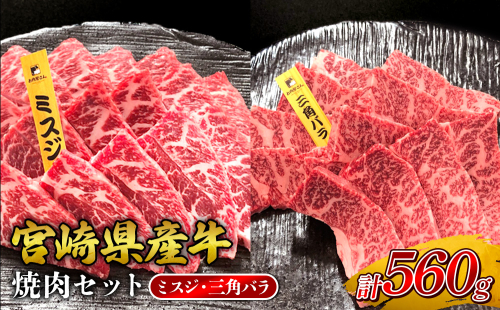 宮崎県産 黒牛 焼肉 赤身 牛肉 焼肉セット ミスジ 三角バラ 2点盛り 560g(280g × 2パック)焼肉用 肉 お肉 牛 国産牛 食べ比べ セット 小分け 真空パック コスパ 冷凍 贈答 贈答用 ギフト BBQ アウトドア キャンプ 人気 国産 国産牛 九州 宮崎県 えびの市 送料無料 2433098 - 宮崎県えびの市