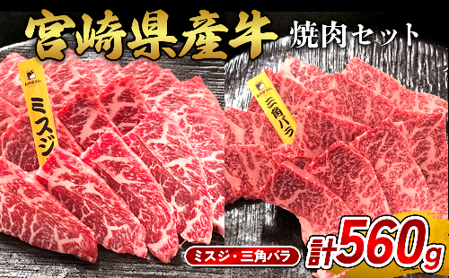 宮崎県産 黒牛 焼肉 赤身 牛肉 焼肉セット ミスジ 三角バラ 2点盛り 560g(280g × 2パック)焼肉用 肉 お肉 牛 国産牛 食べ比べ セット 小分け 真空パック  冷凍 贈答 贈答用 ギフト BBQ アウトドア キャンプ  国産 国産牛 九州 宮崎県 えびの市  2433098 - 宮崎県えびの市
