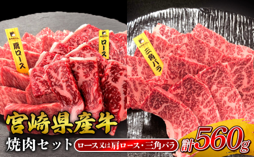 宮崎県産 黒牛 焼肉 赤身 牛肉 焼肉セット ロース 肩ロース 三角バラ 2点盛り 560g(280g × 2パック)焼肉用 肉 お肉 牛 国産牛 食べ比べ セット 小分け 真空パック コスパ 冷凍 贈答 贈答用 ギフト BBQ アウトドア キャンプ 人気 国産 国産牛 九州 宮崎県 えびの市 送料無料 2433274 - 宮崎県えびの市