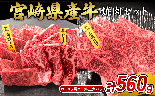 宮崎県産 黒牛 焼肉 赤身 牛肉 焼肉セット ロース 肩ロース 三角バラ 2点盛り 560g(280g × 2パック)焼肉用 肉 お肉 牛 国産牛 食べ比べ セット 小分け 真空パック コスパ 冷凍 贈答 贈答用 ギフト BBQ アウトドア キャンプ  国産 国産牛 九州 宮崎県 えびの市 送料無料 2433274 - 宮崎県えびの市