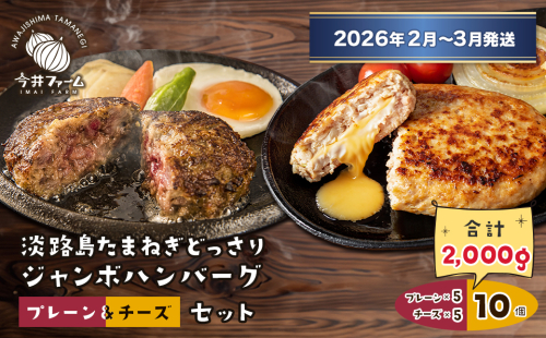 淡路島たまねぎどっさりジャンボハンバーグ プレーン＆チーズセット 200g×10個  【2026年2月～3月発送】  　[チーズハンバーグ 食べ比べ 人気] 2433533 - 兵庫県淡路市