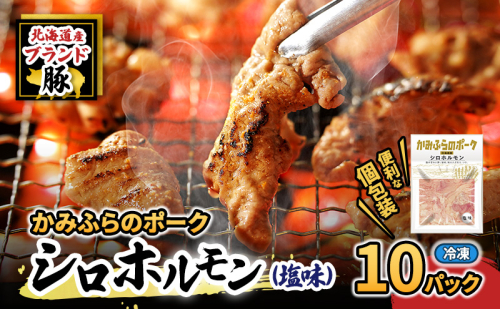 【2026年1月下旬から出荷】コリコリ食感がたまらない！北海道ブランド豚「かみふらのポーク」シロホルモン （塩味）10個セット 小分け・個包装 ( ホルモン 焼肉 塩 豚 豚肉 大腸 シロ ブランド豚 ) 2433784 - 北海道上富良野町