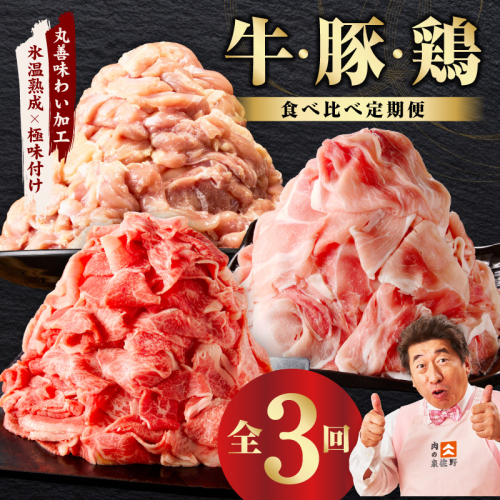 国産 牛肉 豚肉 鶏肉 定期便 3回 総量 4.2kg 【氷温熟成×極味付け 3種 食べ比べ 普段使い 味付き 小分け 訳あり サイズ不揃い 毎月配送コース】 mrzZ017 2434775 - 大阪府泉佐野市