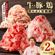 国産 牛肉＆豚肉＆鶏肉 まんぷく 定期便 5kg×2回【氷温熟成×極味付け 3種 食べ比べ 普段使い 味付き 小分け 訳あり サイズ不揃い 毎月配送コース】 mrzZ019