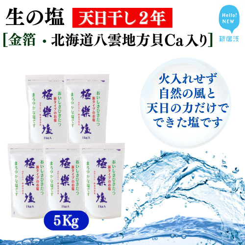 天日干し２年 火入れしない生の塩 「極楽塩」 1kg×5袋 金箔 貝カルシウム入り 食べる楽しさを極め こだわりの製法 塩 食塩 食卓塩 海塩 調味料 ミネラル ソルト 2438952 - 愛媛県新居浜市