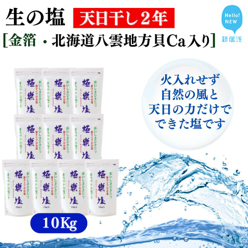 天日干し２年 火入れしない生の塩 「極楽塩」 1kg×10袋 金箔 貝カルシウム入り 食べる楽しさを極め こだわりの製法 塩 食塩 食卓塩 海塩 調味料 ミネラル ソルト 2438953 - 愛媛県新居浜市