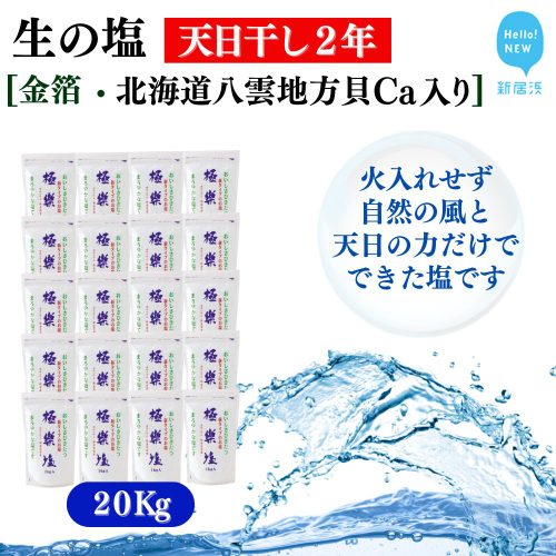 天日干し２年 火入れしない生の塩 「極楽塩」 1kg×20袋 金箔 貝カルシウム入り 食べる楽しさを極め こだわりの製法 塩 食塩 食卓塩 海塩 調味料 ミネラル ソルト 2438954 - 愛媛県新居浜市