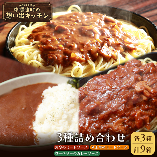 中標津 想い出キッチン「河亭のミートソース」「ぴーべりーのカレーソース」「やまやのミートソース」各3箱　合計９箱詰め合わせ【32038】 2439015 - 北海道中標津町