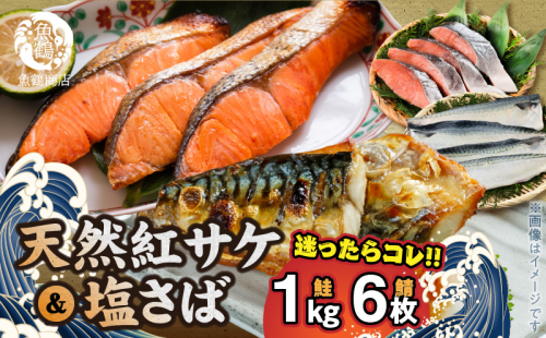 G7319_迷ったらコレ！！魚鶴商店の天然紅サケ 1kg & 塩さば 6枚セット 2444497 - 和歌山県湯浅町