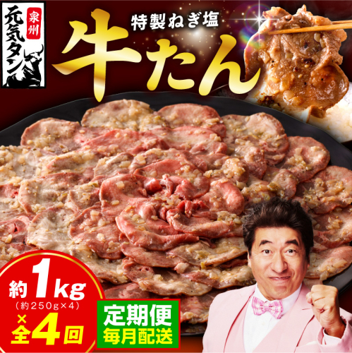 【定期便】 特製 牛たん 1kg 全4回【毎月配送コース 小分け 250g×4P ねぎ塩 牛タン 牛肉 焼肉用 薄切り 訳あり サイズ不揃い】 099Z463 2447876 - 大阪府泉佐野市
