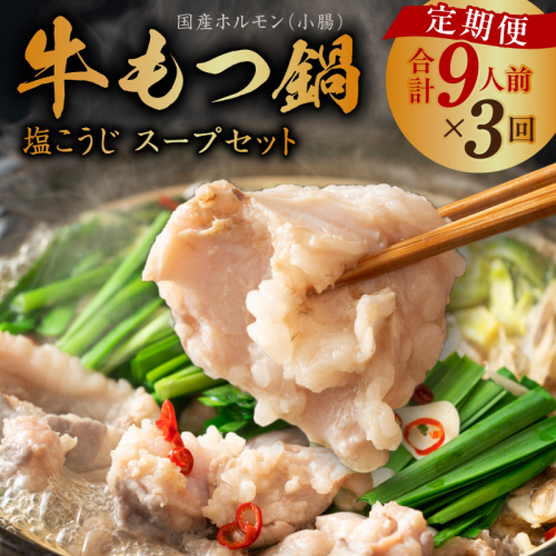 【定期便】牛もつ鍋セット 9人前 全3回【毎月配送コース 国産 牛肉 ホルモン 塩こうじ スープ付き モツ 鍋 高評価 冷凍 鍋セット 簡単調理】 099Z420 2448674 - 大阪府泉佐野市