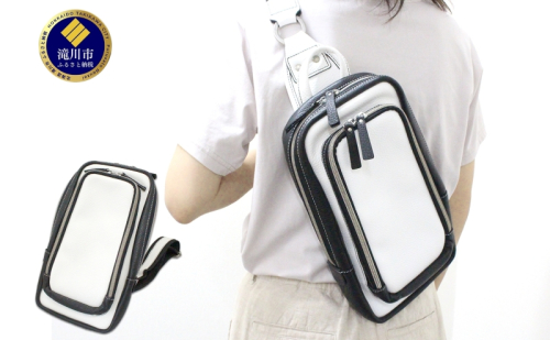 牛革 ボディバック（ホワイト＆ブラック） かばん カバン 鞄 軽量 メッシュ素材 背面メッシュ 縦型 本革 レザー ファッション レジャー ショッピング 旅行 耐久性 スムーズファスナー メンズ レディース ギフト 贈り物 送料無料 北海道 滝川市 2453778 - 北海道滝川市