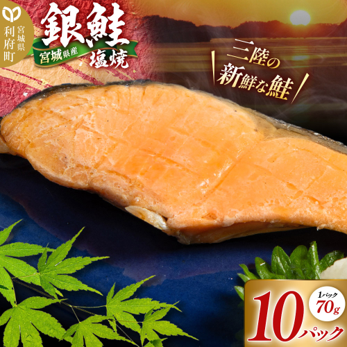 宮城県産 銀鮭塩焼 （1パック70g×10パック） しゃけ シャケ 冷凍 惣菜 おかず つまみ レンチン 湯煎 簡単 お取り寄せ 塩のみ 塩だけ 着色料無添加 香料無添加 保存料無添加 [さけ サケ しゃけ シャケ 鮭 冷凍 塩焼 塩焼き 焼き魚 焼魚 惣菜 総菜 おかず つまみ レンチン 湯煎 簡単 宮城県産 塩のみ 塩だけ 着色料無添加 香料無添加 保存料無添加] 2453998 - 宮城県利府町