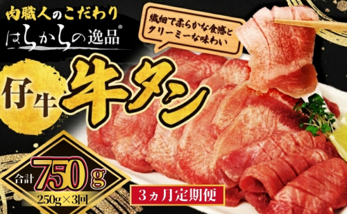 【3ヵ月連続定期便】柔らかい仔牛肉を仕込みました！ 牛タン はらからの逸品 厳選仔牛たん 750g 250g×3回 職人仕込み 秘伝の塩味 牛たん 厚切り 小分け 厚切 焼肉 スライス 牛 牛肉 肉 お肉 ぎゅうたん おつまみ バーベキュー BBQ 【レビューキャンペーン対象】 2454944 - 宮城県亘理町