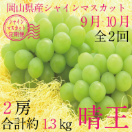 【定期便 全2回】 ぶどう 2026年 先行予約 9月・10月発送 シャインマスカット 晴王 2房 合計約1.3kg ブドウ 葡萄 岡山県産 国産 フルーツ 果物 ギフト