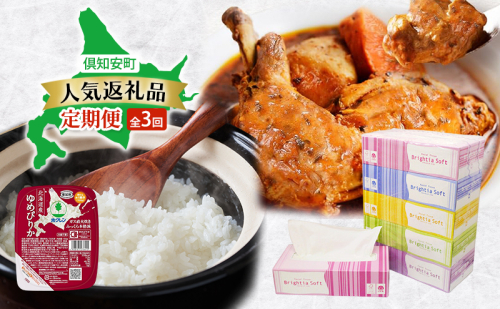 倶知安町 人気返礼品 定期便 全3回　ボックスティッシュ 日本製 まとめ買い ティッシュ 防災 常備品 日用雑貨 消耗品 生活必需品 チキンレッグスープカレー スープカレー 野菜 チキン グルメ ゆめぴりか レトルト ごはんパック ご飯 米 北海道 2458178 - 北海道倶知安町