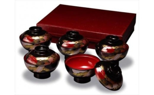 吸物椀 黒内朱 日の出松 5客入 ［YG482］ 2475433 - 和歌山県那智勝浦町