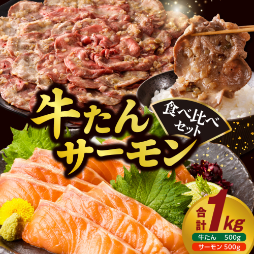 牛タン＆サーモン 食べ比べ セット 総量1kg【牛肉 焼肉 牛たん 海鮮 サーモン お楽しみ 福袋 別送】 099S024 2475503 - 大阪府泉佐野市