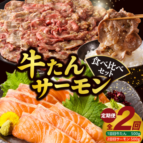 牛タン＆サーモン 食べ比べ 定期便 2回 総量1kg【牛肉 焼肉 牛たん 海鮮 サーモン お楽しみ 福袋】 099Z477 2475504 - 大阪府泉佐野市