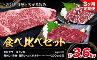 あか牛 サーロイン肉 1kg・馬刺し 200g 食べ比べセット 3ヶ月定期便 計3.6kg 合同会社たべたせいか《お申し込みの翌月から出荷》牛肉 和牛 ステーキ用サーロイン肉 サーロイン 馬肉 赤身 霜降り たてがみ 馬刺し 熊本県産 送料無料