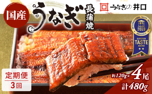 【定期便３回】国産うなぎ長蒲焼（約120g）4尾セット ITI優秀味覚賞受賞 たれ・山椒付き ウナギ 鰻 静岡 浜松市 【配送不可：離島】 2493397 - 静岡県浜松市