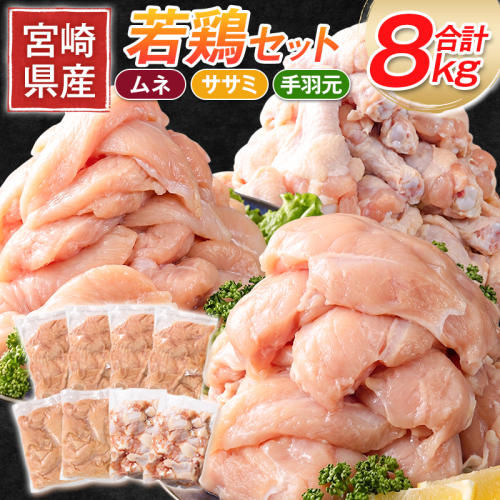 宮崎県産 若鶏8kgセット 鳥肉 ムネ肉 4kg 手羽元 2kg ササミ 2kg 冷凍 真空パック おかず 国産【B392】 2498450 - 宮崎県新富町
