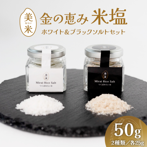 金の恵み米塩 美米～みらい～ ホワイト＆ブラックソルトセット（米塩＆もみ殻ロースト） ソルト しお salt 食べ比べ 調味料 塩 セット 便利 料理 味付 アレンジ こだわり 天然 ミネラル 手づくり さかたの塩 おにぎり 米 コシヒカリ こしひかり 玄米 甘み 旨味 Mirai Rice Salt [AI31-NT] 2499955 - 茨城県つくばみらい市