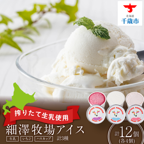 細澤牧場アイス　12個（生乳×4個 いちご×4個 ハスカップ×4個） 2500740 - 北海道千歳市