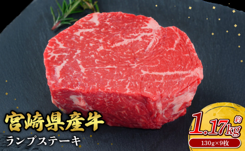 宮崎県産 黒牛 ステーキ 赤身 牛肉 ステーキ用 130g × 9枚 ランプ 130g 1170g 肉 牛 国産牛 小分け 真空パック 冷凍 贈答 ギフト人気 国産 えびの市 送料無料 2506683 - 宮崎県えびの市