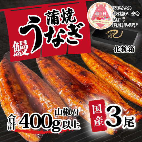 【母の日】【化粧箱】【 訳アリ 】 国産うなぎ 蒲焼き 3尾 セット ( 400g ) 大きさ の不揃い 山椒付き ウナギ 鰻 ふぞろい 不揃い うな重 ひつまぶし 人気 茨城 八千代町 ふるさと納税 冷凍 ギフト 化粧箱 母の日 2509695 - 茨城県八千代町