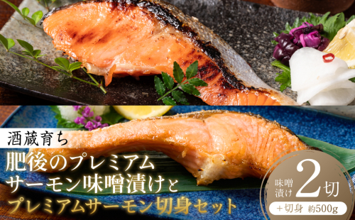 酒蔵育ち 肥後のプレミアムサーモン 味噌漬け 2切×1パック と プレミアムサーモン切身 約500g セット サーモントラウト 銀鮭 味噌漬け 赤酒 切身 切り身 和食 魚 おかず 熊本県 八代市 2510058 - 熊本県八代市