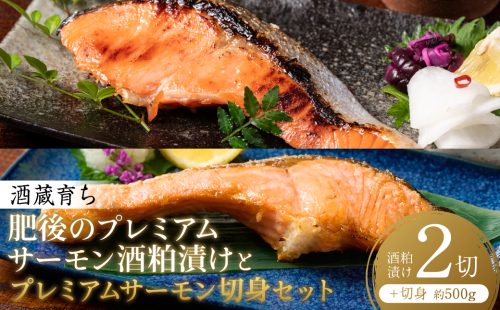 酒蔵育ち 肥後のプレミアムサーモン 酒粕漬け 2切×1パック と プレミアムサーモン切身 約500g セット サーモントラウト 銀鮭 酒粕漬け 酒粕 赤酒 切身 切り身 和食 魚 おかず 熊本県 八代市 2510121 - 熊本県八代市