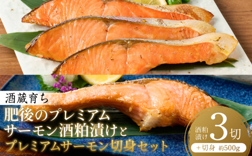 酒蔵育ち 肥後のプレミアムサーモン 酒粕漬け 3切×1パック と プレミアムサーモン切身 約500g セット サーモントラウト 銀鮭 酒粕漬け 酒粕 赤酒 切身 切り身 和食 魚 おかず 熊本県 八代市 2510124 - 熊本県八代市