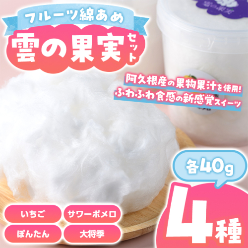 フルーツ綿あめ「雲の果実」アソートセット(約40g×4種・Bセット) 国産 阿久根産 わたあめ 綿飴 果汁 果物 いちご サワーポメロ ぼんたん 大将季 おやつ スイーツ 【松永青果】akn053-47 2512580 - 鹿児島県阿久根市