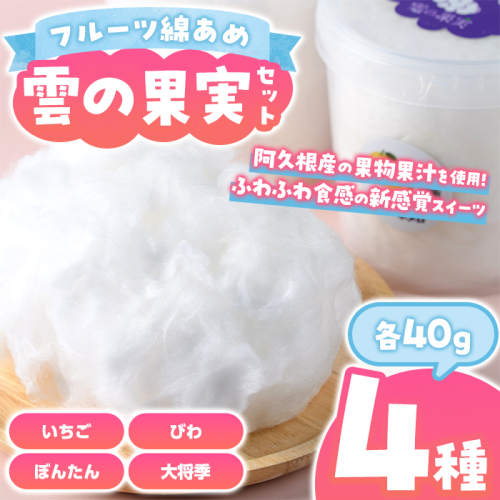 フルーツ綿あめ「雲の果実」アソートセット(約40g×4種・Cセット) 国産 阿久根産 わたあめ 綿飴 果汁 果物 いちご びわ ぼんたん 大将季 おやつ スイーツ 【松永青果】akn053-48 2512581 - 鹿児島県阿久根市