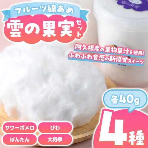 フルーツ綿あめ「雲の果実」アソートセット(約40g×4種・Dセット) 国産 阿久根産 わたあめ 綿飴 果汁 果物 サワーポメロ びわ ぼんたん 大将季 おやつ スイーツ 【松永青果】akn053-49 2512582 - 鹿児島県阿久根市