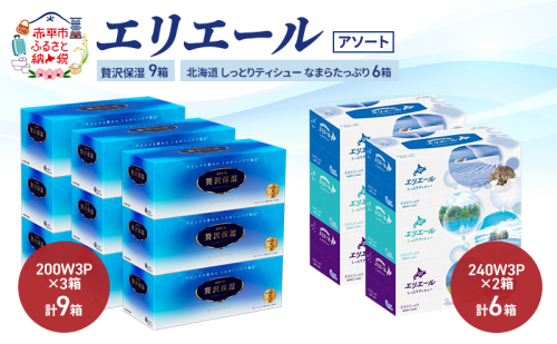 エリエール 〈アソート〉贅沢保湿 200W3P 計9箱 北海道 しっとりティシュー なまらたっぷり 240組3箱 計6箱 ティッシュ ペーパー 箱 日用品 生活必需品 保湿成分配合 ティッシュ まとめ買い 紙 防災 常備品 備蓄品 2517439 - 北海道赤平市