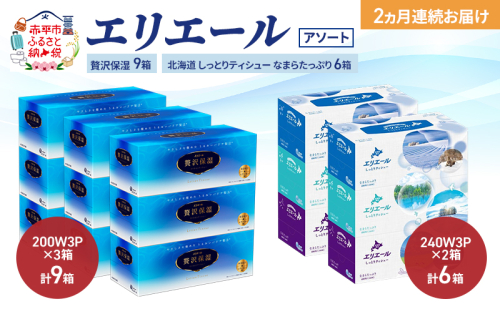 【定期便 2ヵ月連続お届け】エリエール 〈アソート〉贅沢保湿 200W3P 計9箱 北海道 しっとりティシュー なまらたっぷり 240組3箱 計6箱 ティッシュ ペーパー 箱 日用品 生活必需品 保湿成分配合 ティッシュ 紙 2517440 - 北海道赤平市