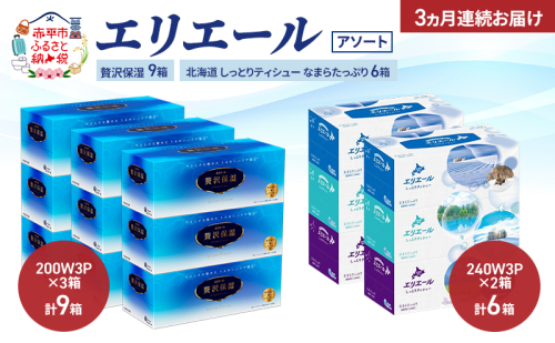 【定期便 3ヵ月連続お届け】エリエール 〈アソート〉贅沢保湿 200W3P 計9箱 北海道 しっとりティシュー なまらたっぷり 240組3箱 計6箱 ティッシュ ペーパー 箱 日用品 生活必需品 保湿成分配合 ティッシュ 紙 2517441 - 北海道赤平市