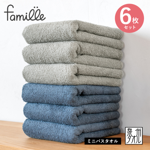 【スピード発送】ファミーユ ミニバスタオル 6枚セット（ナイトブルー＆グレー 各3枚） 【フェイスタオル 以上 バスタオル 未満 泉州タオル 吸水 普段使い シンプル 日用品 たおる】 G3787 2518449 - 大阪府泉佐野市
