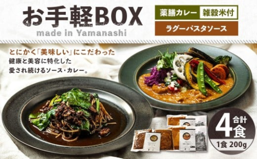 お手軽BOX 発酵×薬膳カレー・竹炭雑穀米・発酵牛すじのラグーパスタソース 各2食分 合計1.2kg（200g×6） カレー  カレーライス 雑穀米 ご飯 パスタソース ソース 惣菜 調味料 冷凍 2519327 - 山梨県中央市